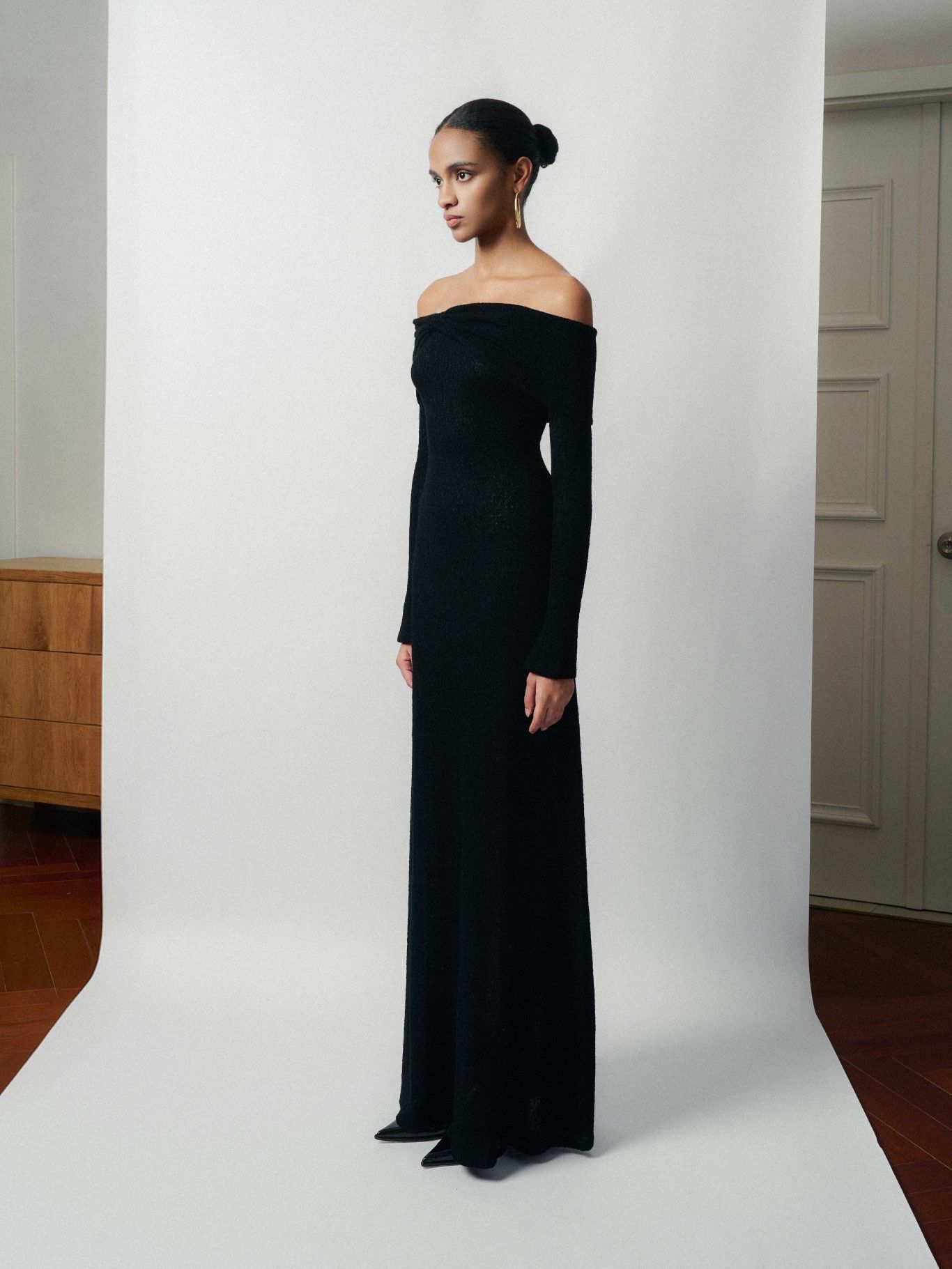 LUMI WOOL LACY JACQUARD LONG BLACK DRESS
