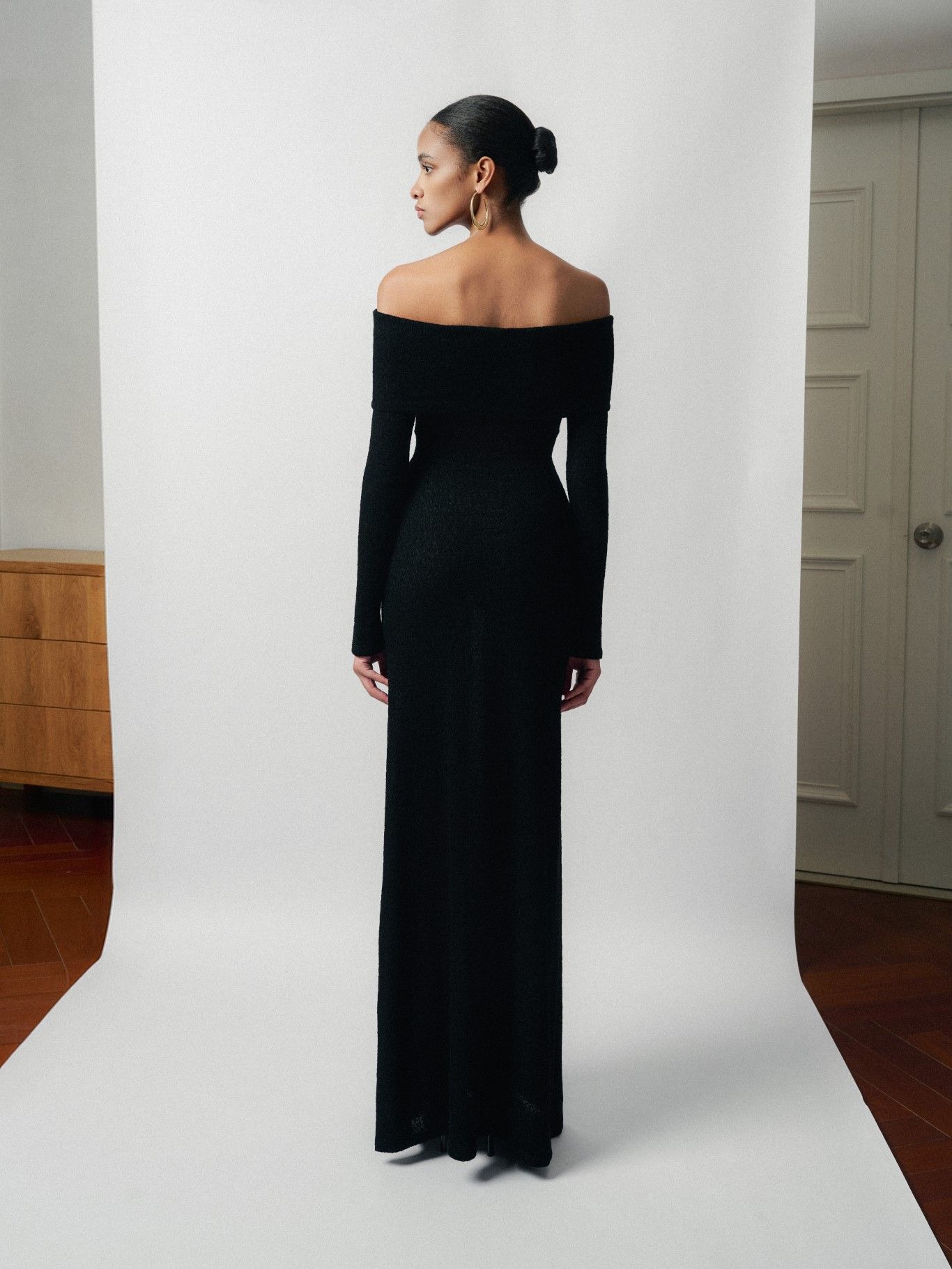 LUMI WOOL LACY JACQUARD LONG BLACK DRESS