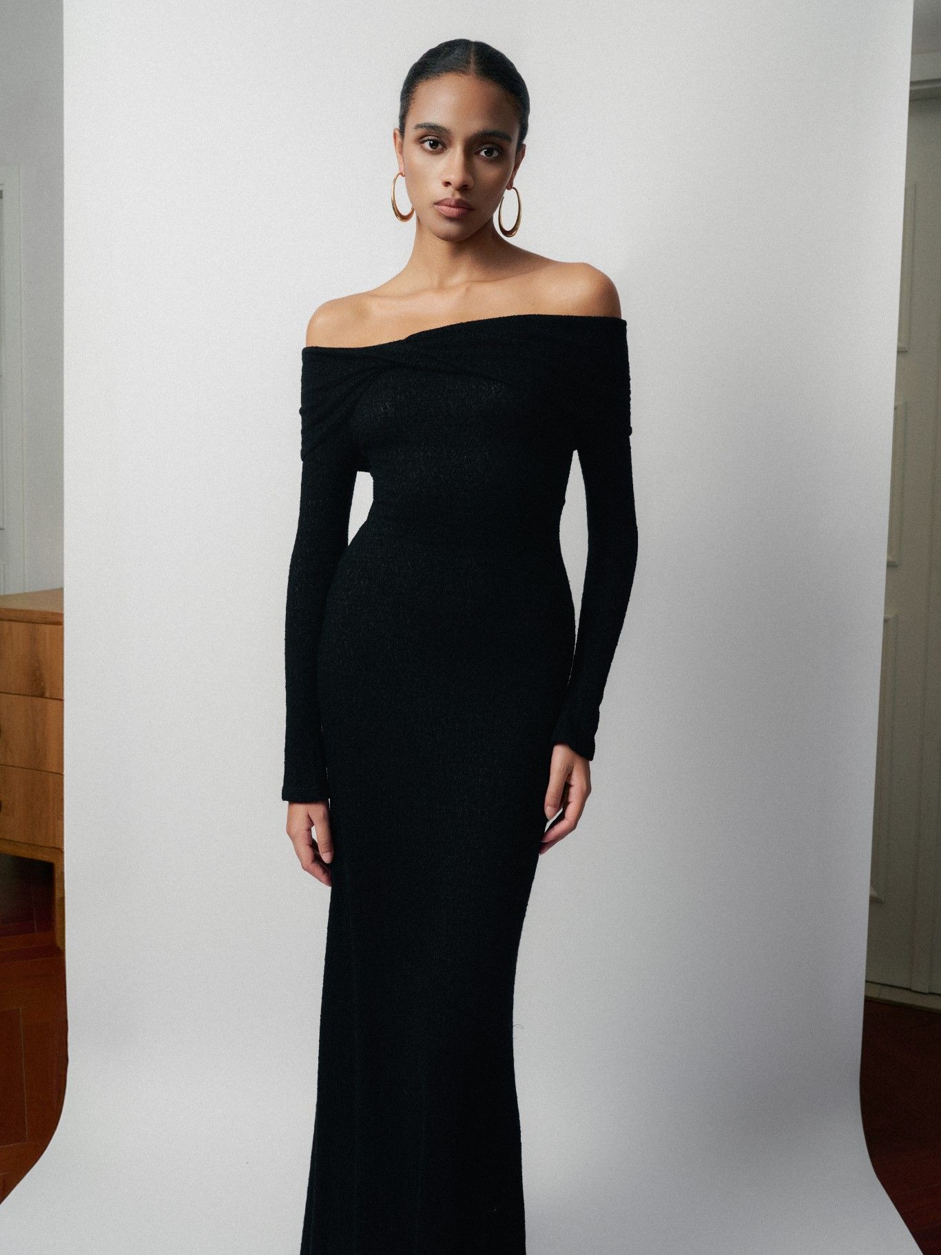 LUMI WOOL LACY JACQUARD LONG BLACK DRESS