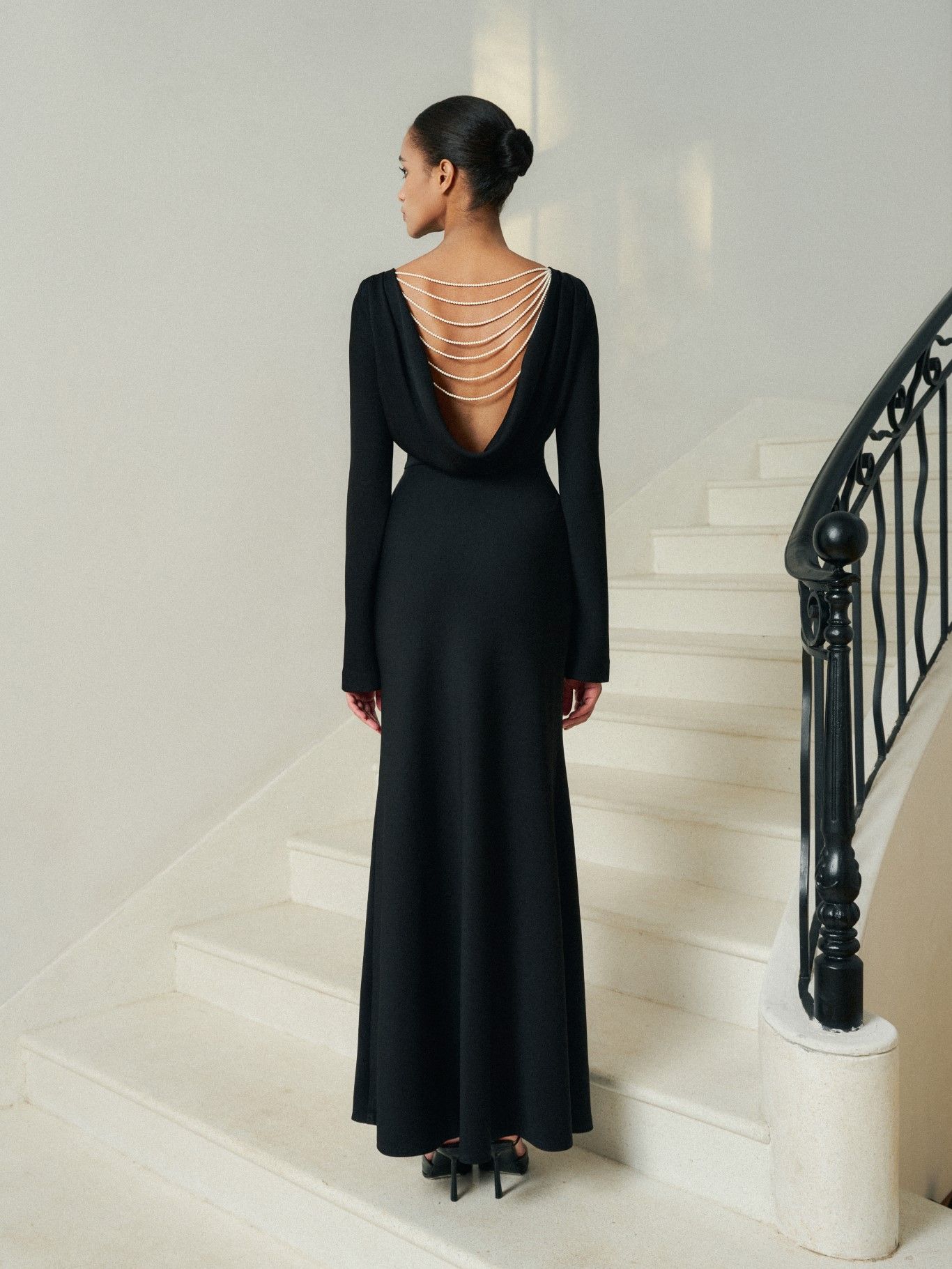 MOLLYA BACKLESS DRAPED BLACK DRESS