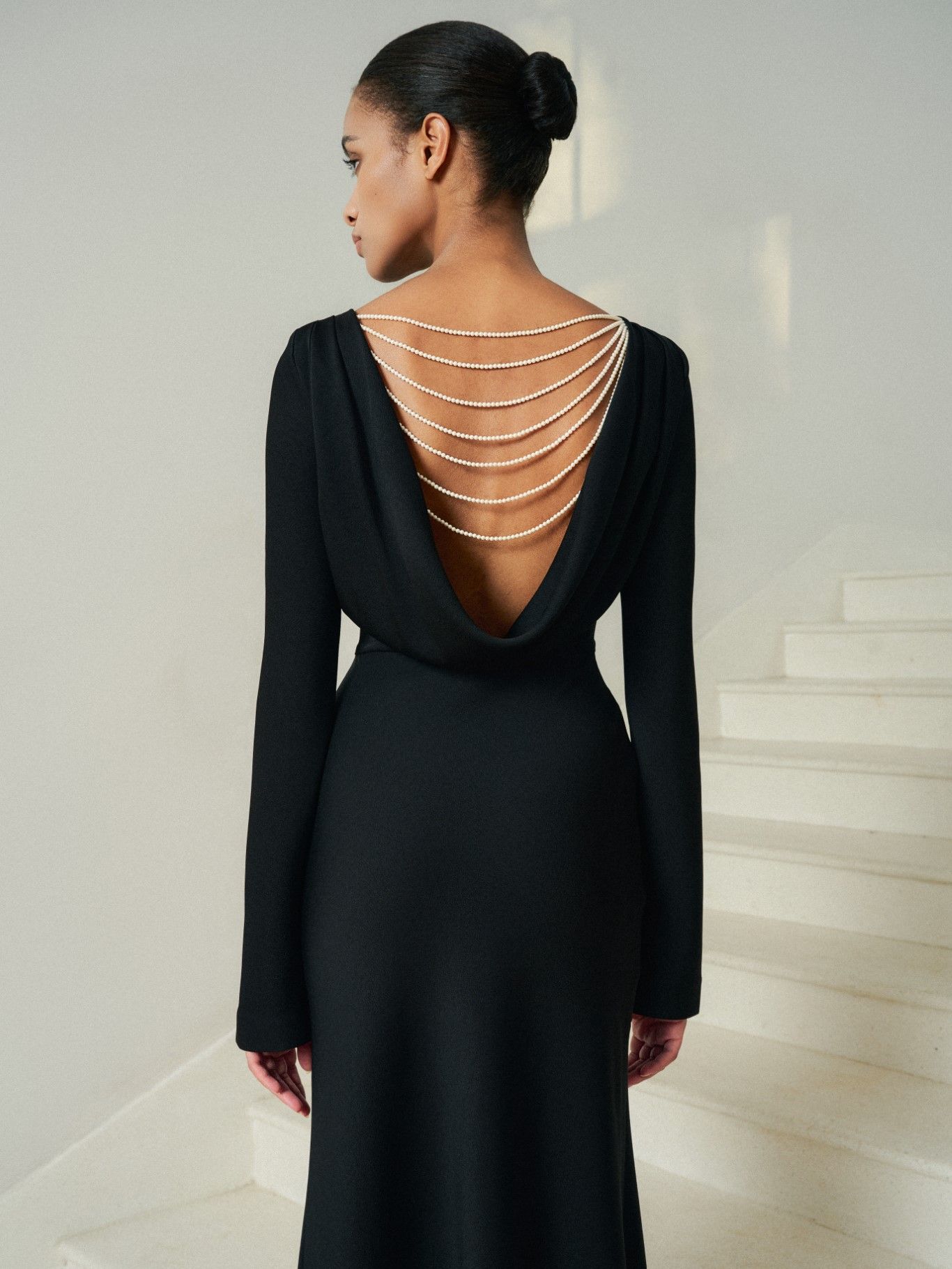 MOLLYA BACKLESS DRAPED BLACK DRESS