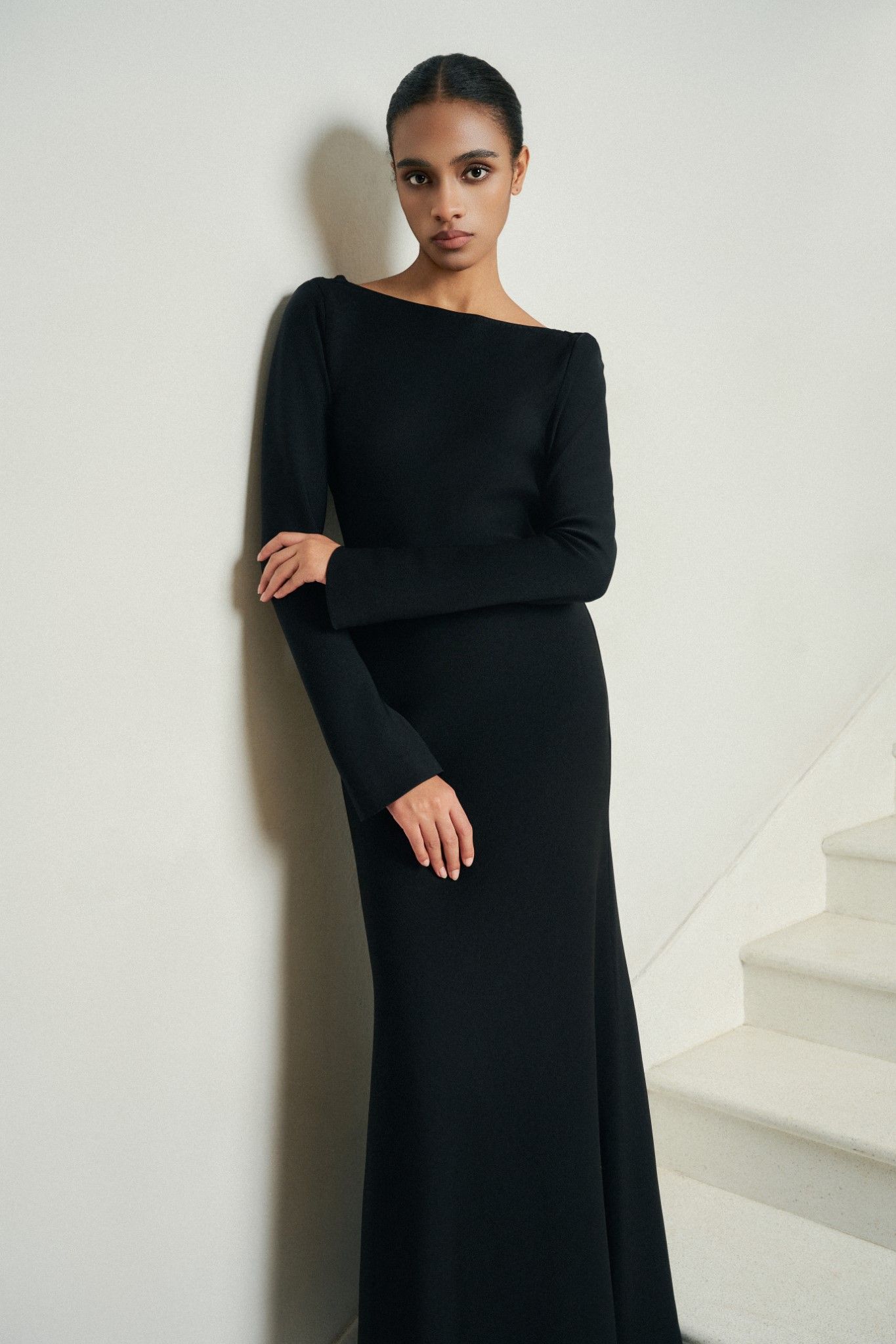MOLLYA BACKLESS DRAPED BLACK DRESS
