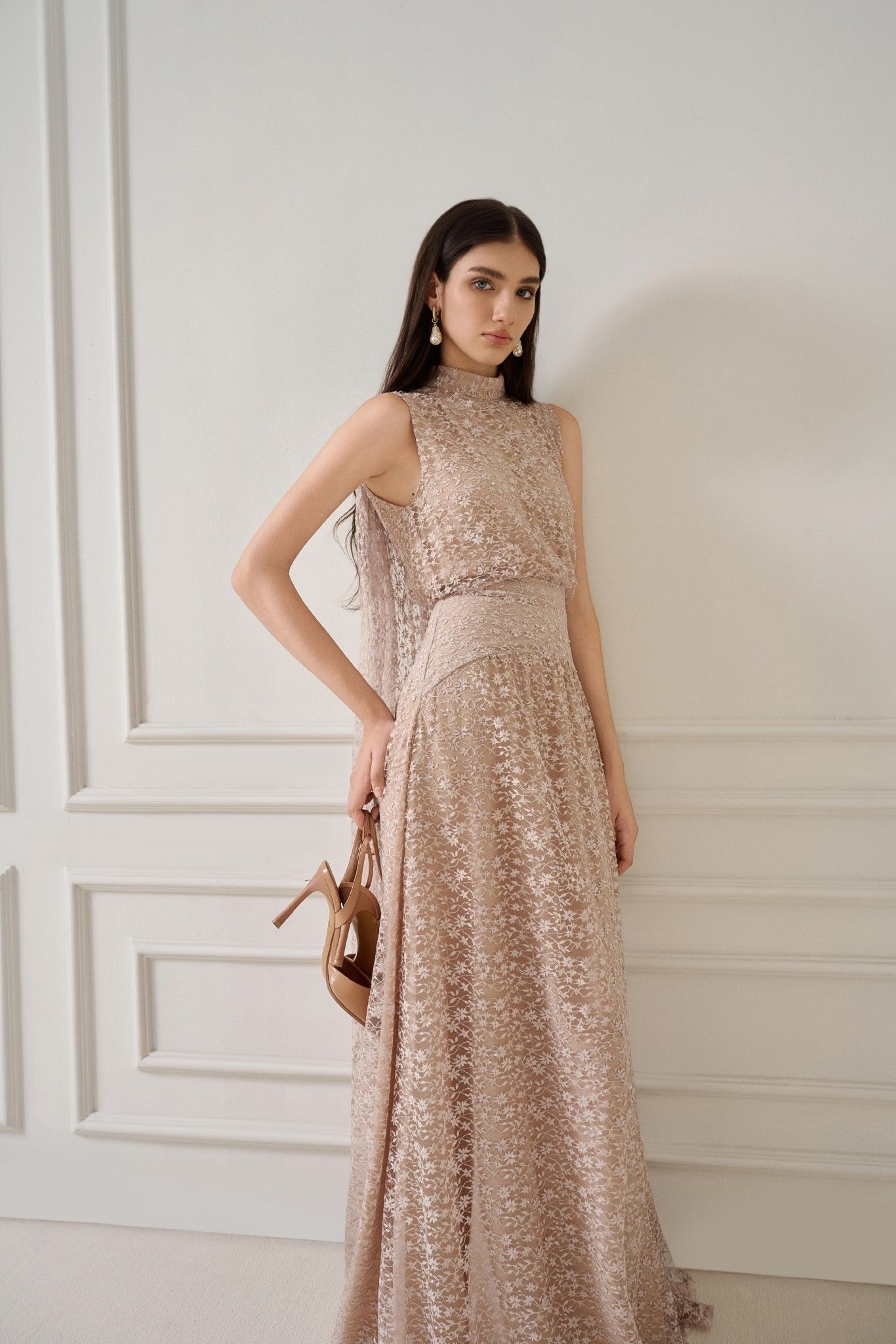 ZUKA LACE EFFECT SCRAF LONG DRESS