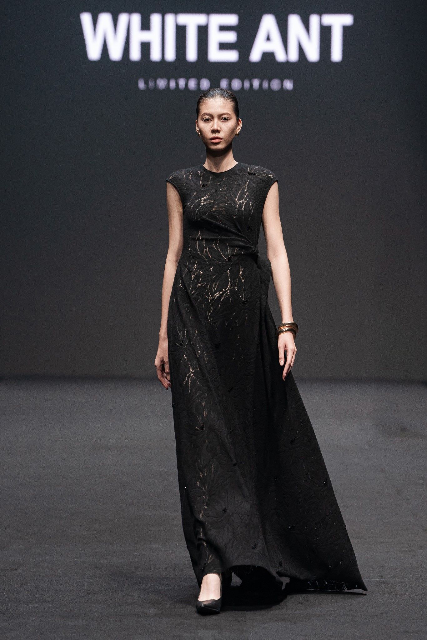 NELLA EMB LACE DRAPED MIDI BLACK DRESS