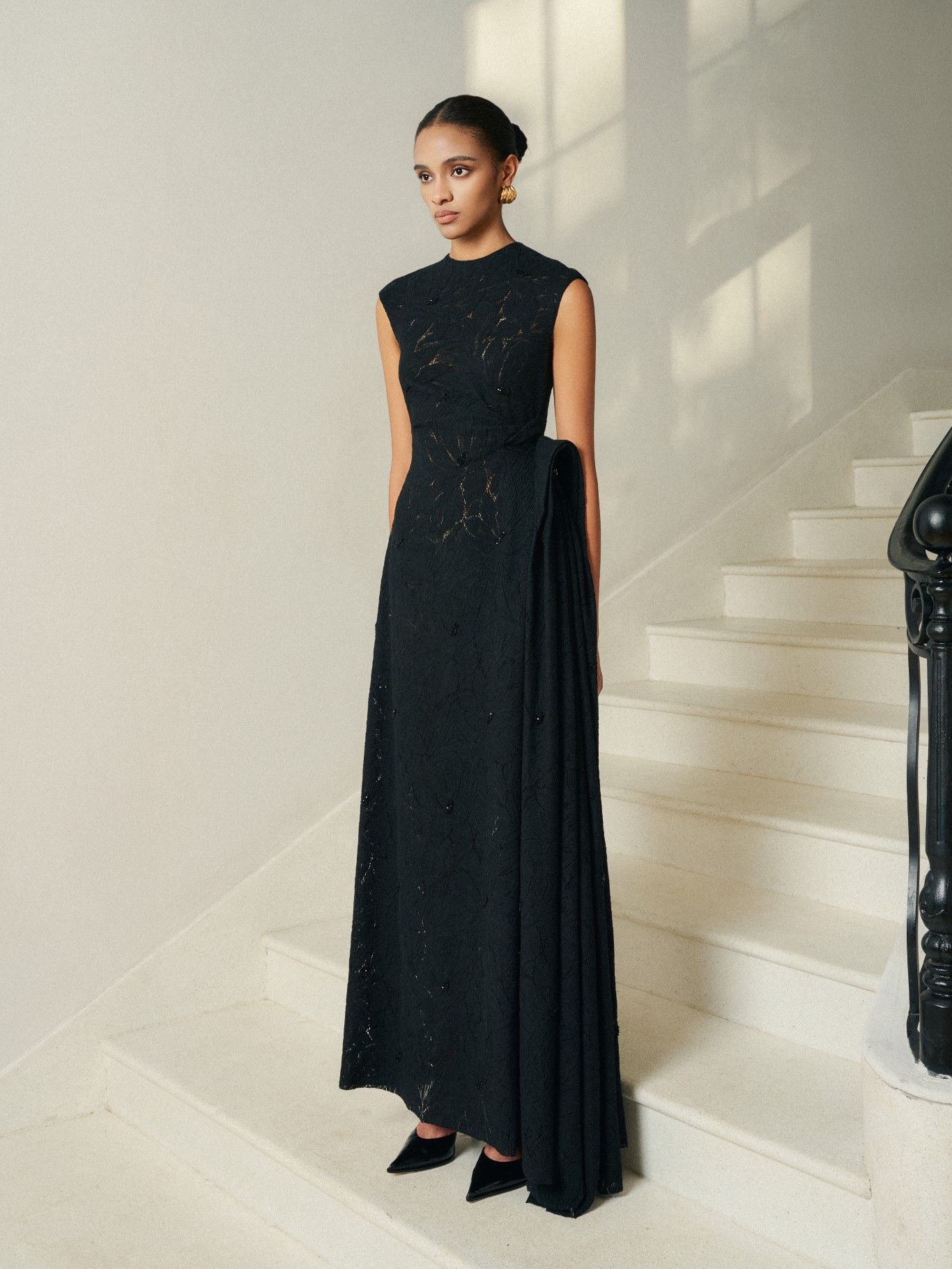 NELLA EMB LACE DRAPED MIDI BLACK DRESS