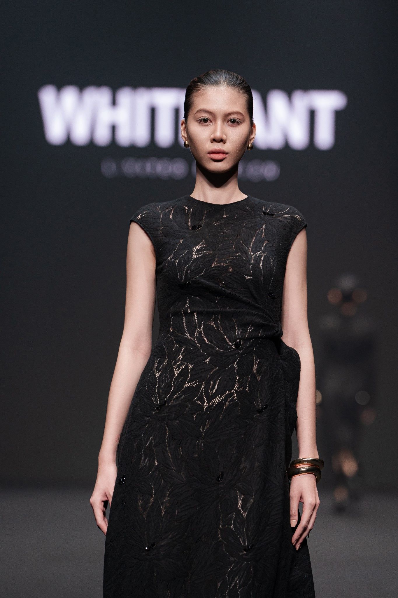 NELLA EMB LACE DRAPED MIDI BLACK DRESS