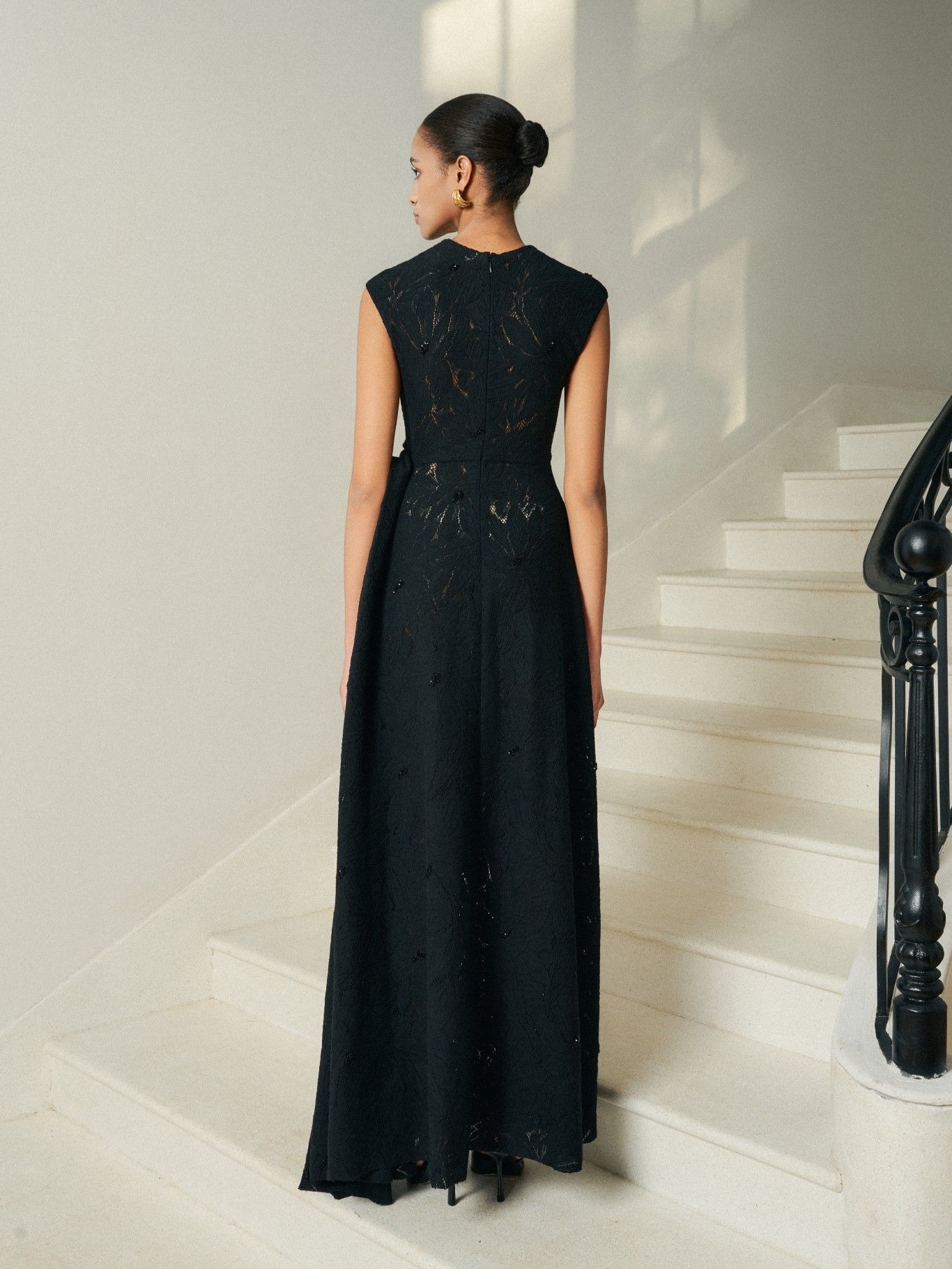 NELLA EMB LACE DRAPED MIDI BLACK DRESS