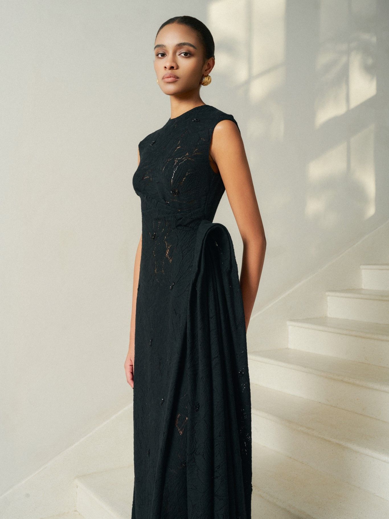 NELLA EMB LACE DRAPED MIDI BLACK DRESS