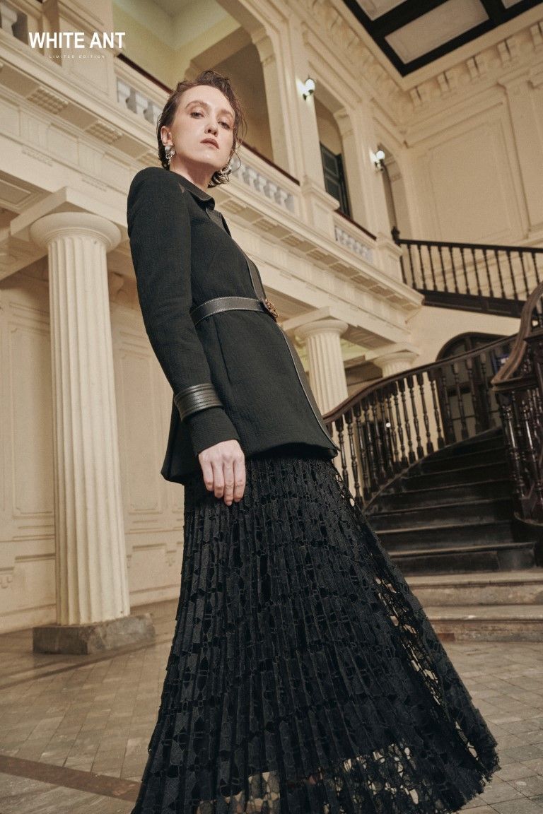 LYRA LACE PLEATED MIDI SKIRT