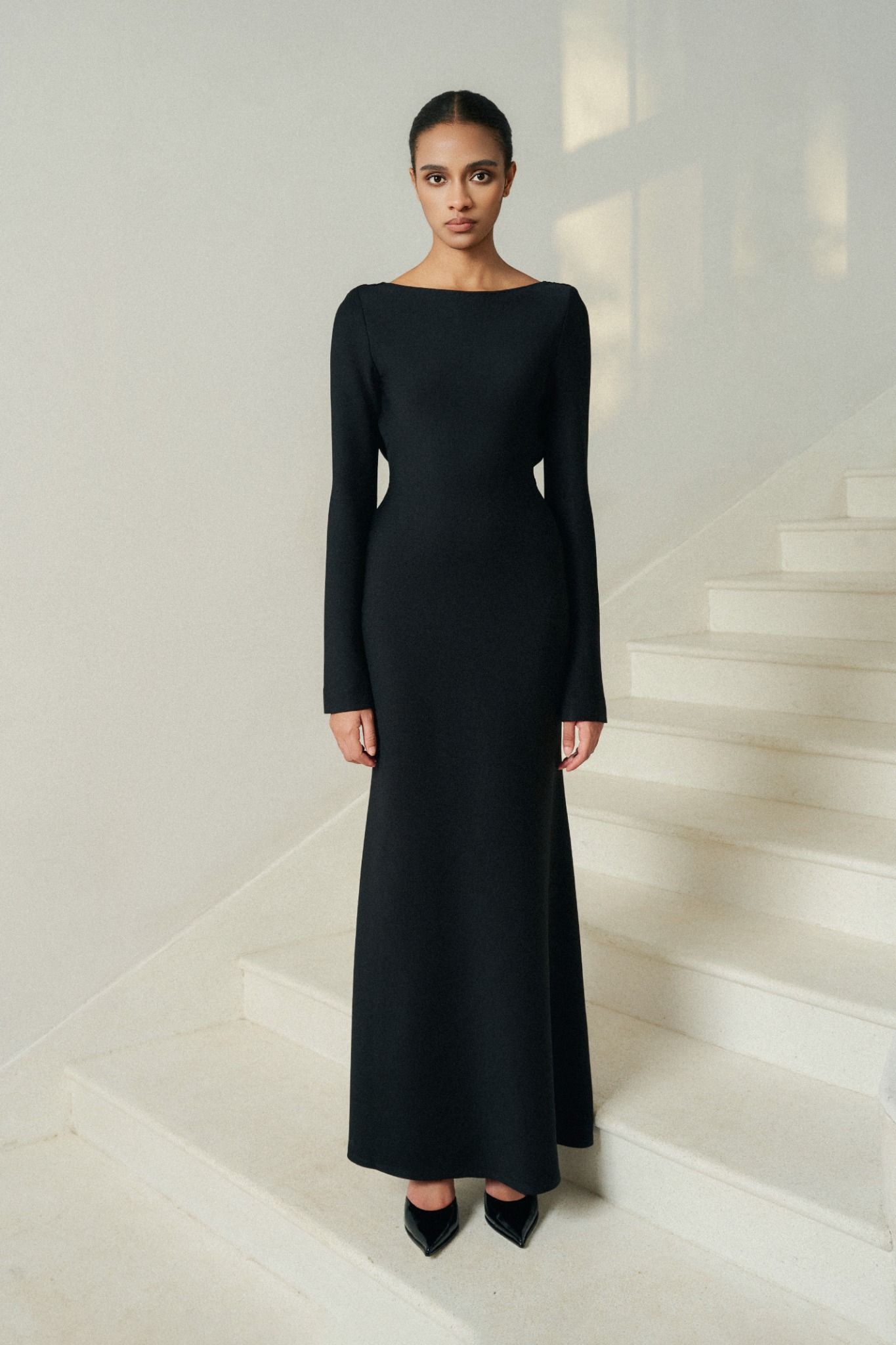 MOLLYA BACKLESS DRAPED BLACK DRESS