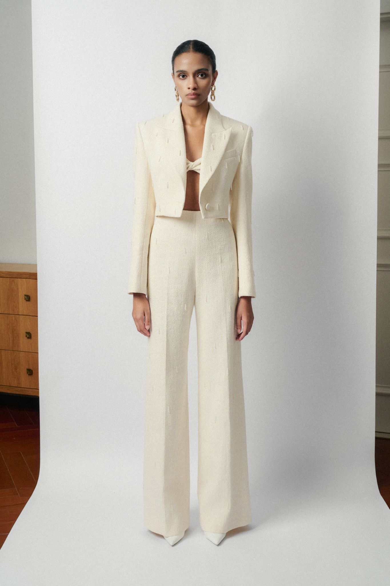 HYAT EMB WOOL WIDE- LEG PANTS
