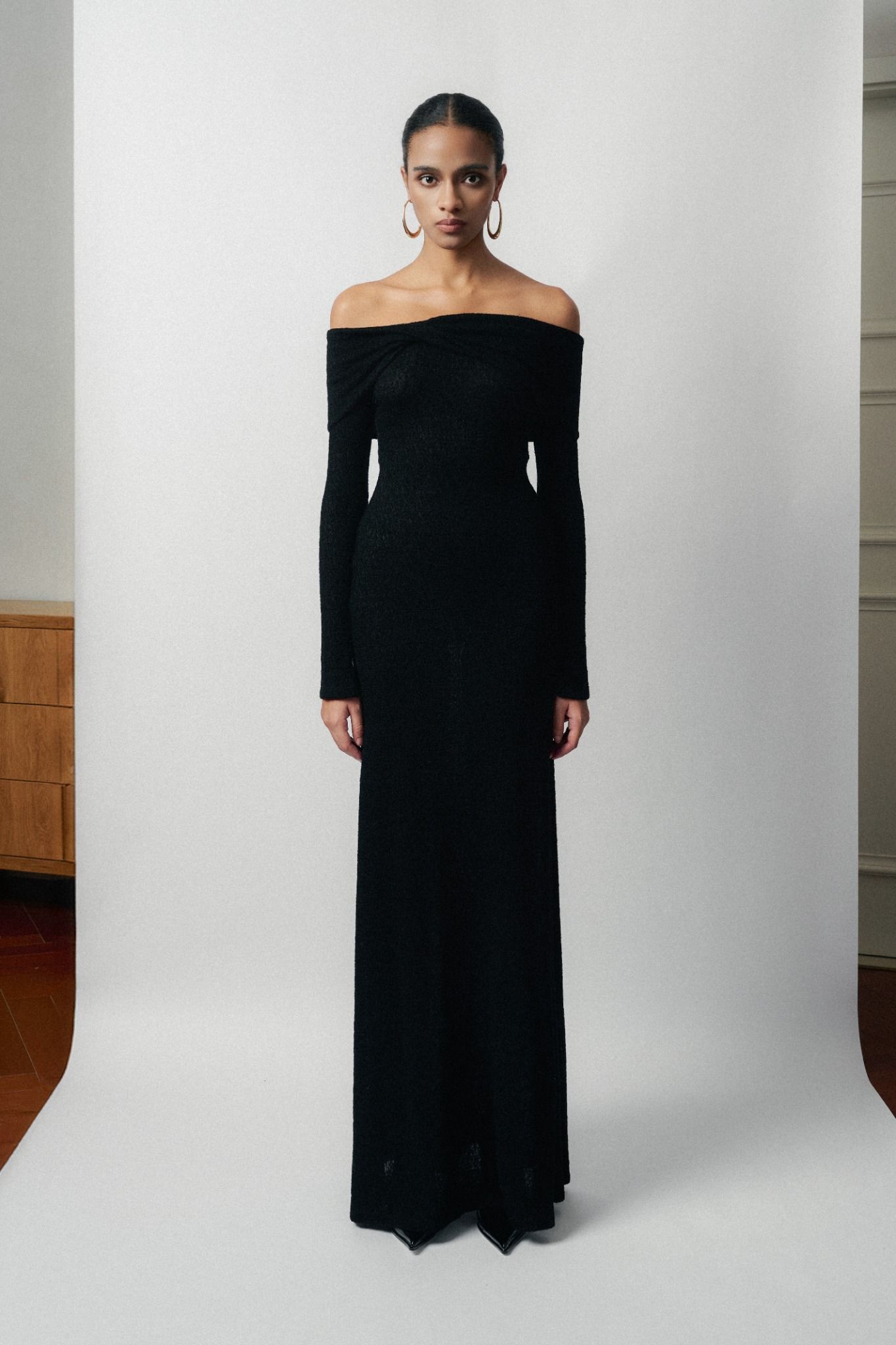 LUMI WOOL LACY JACQUARD LONG BLACK DRESS