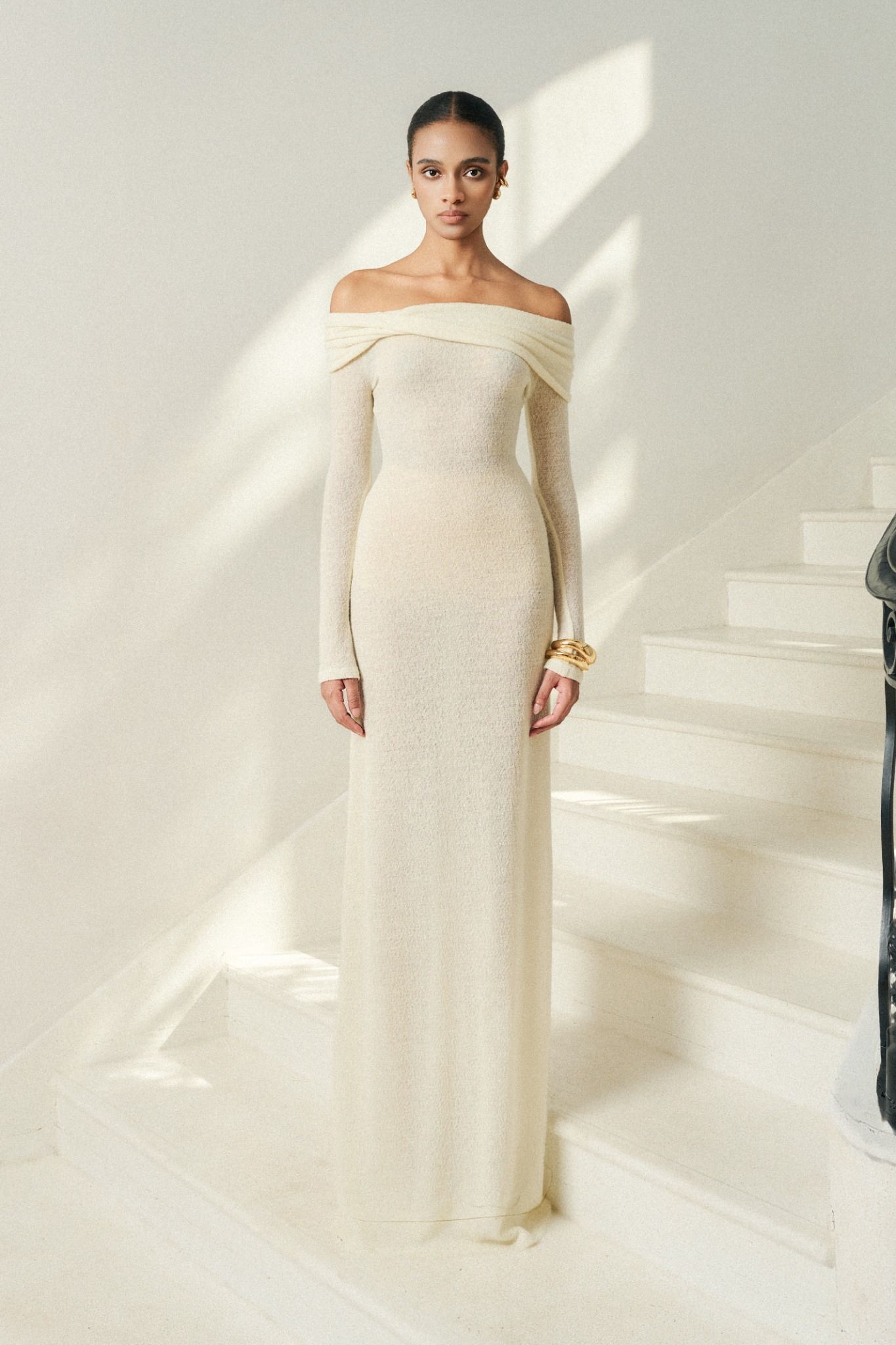 LUMI WOOL LACY JACQUARD LONG WHITE DRESS