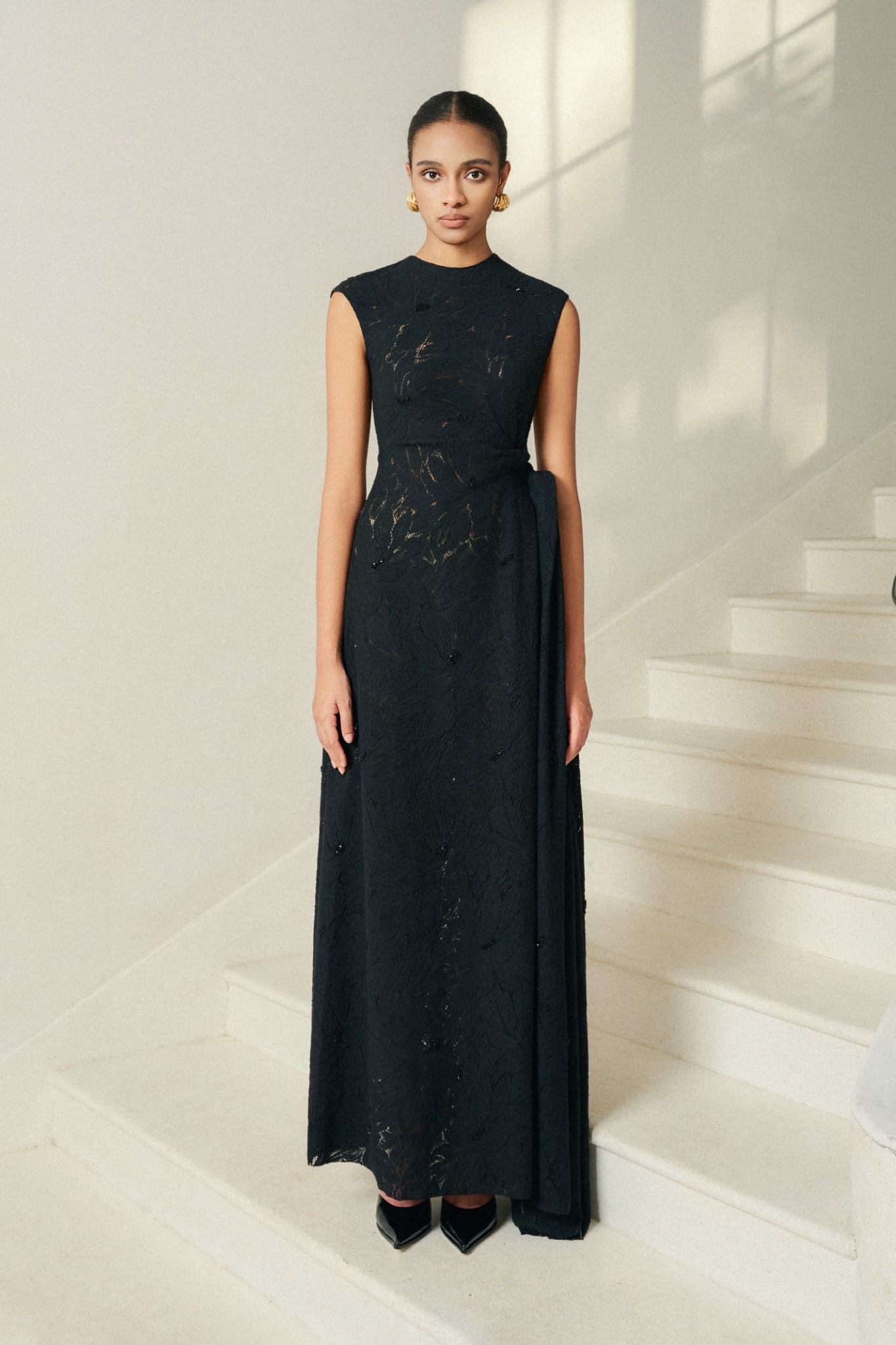 NELLA EMB LACE DRAPED MIDI BLACK DRESS