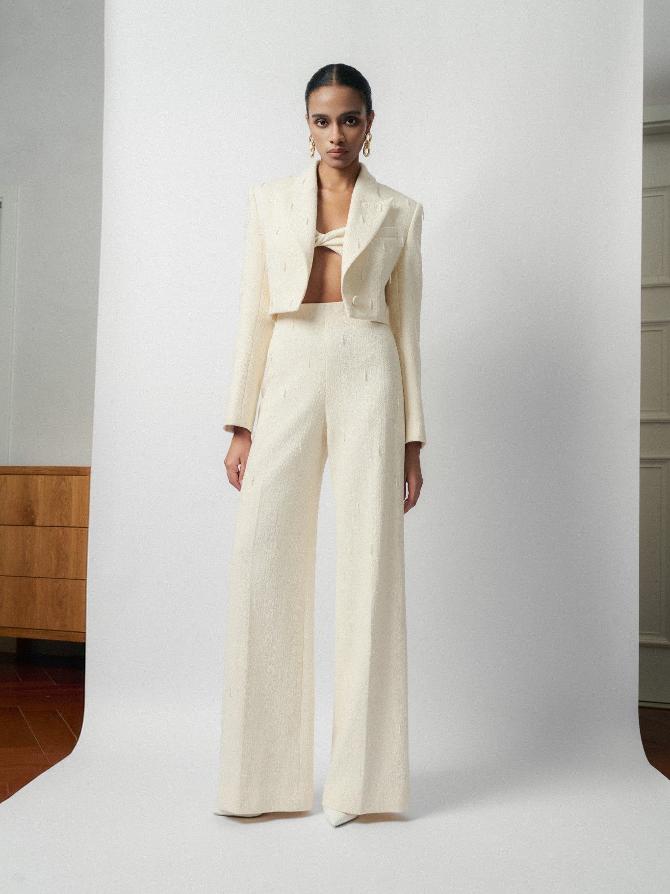 HYAT EMB WOOL WIDE- LEG PANTS