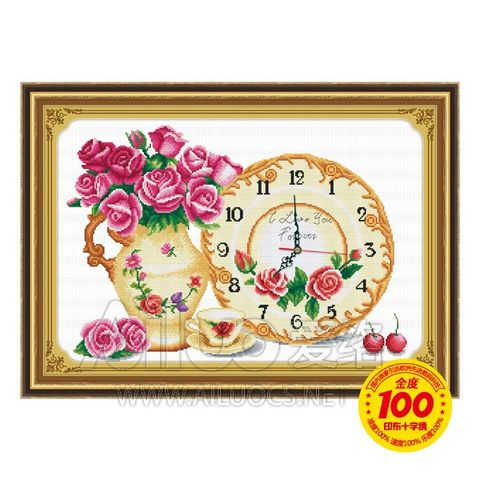 Tranh thêu chữ thập bình bông đồng hồ cổ Tranh thêu chữ thập bình bông đồng hồ cổ