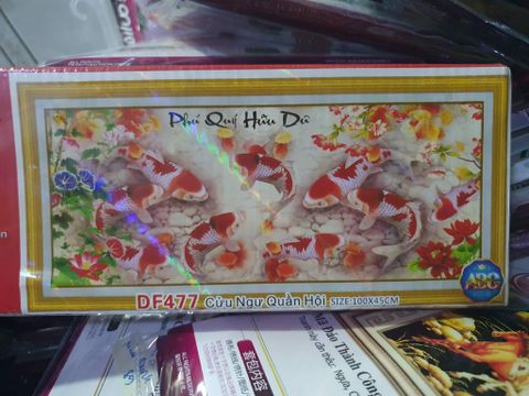 Tranh đính đá cữ ngư quần hội Phú quý hữu dư DF477 100x45cm Tranh đính đá cữ ngư quần hội Phú quý hữu dư DF477 100x45cm