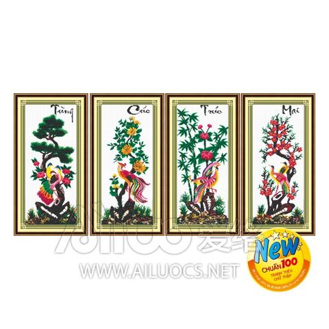Tranh thêu chữ thập bộ tứ quý Tùng cúc trúc mai Tranh thêu chữ thập bộ tứ quý Tùng cúc trúc mai