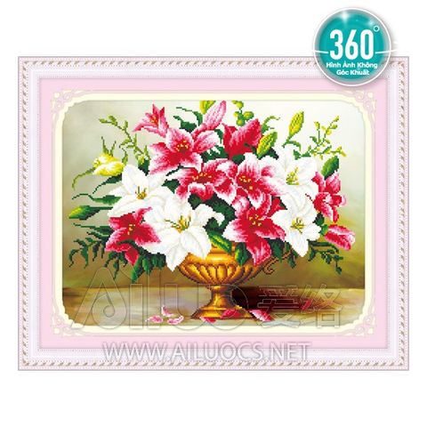 Tranh đính đá bình hoa bách hợp trắng hồng Tranh đính đá bình hoa bách hợp trắng hồng