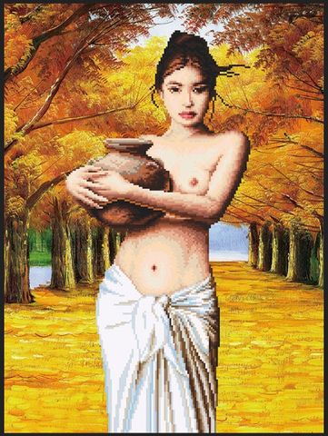 Tranh gắn đá Kiai Cô gái ôm lu (đường lá vàng) 88613 Tranh gắn đá Kiai Cô gái ôm lu (đường lá vàng) 88613