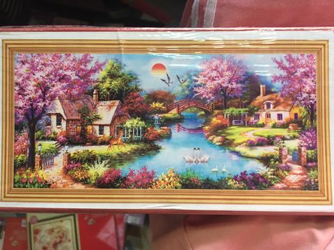 Tranh gắn đá phong cảnh hồ thiên nga mona lisa Tranh gắn đá phong cảnh hồ thiên nga mona lisa
