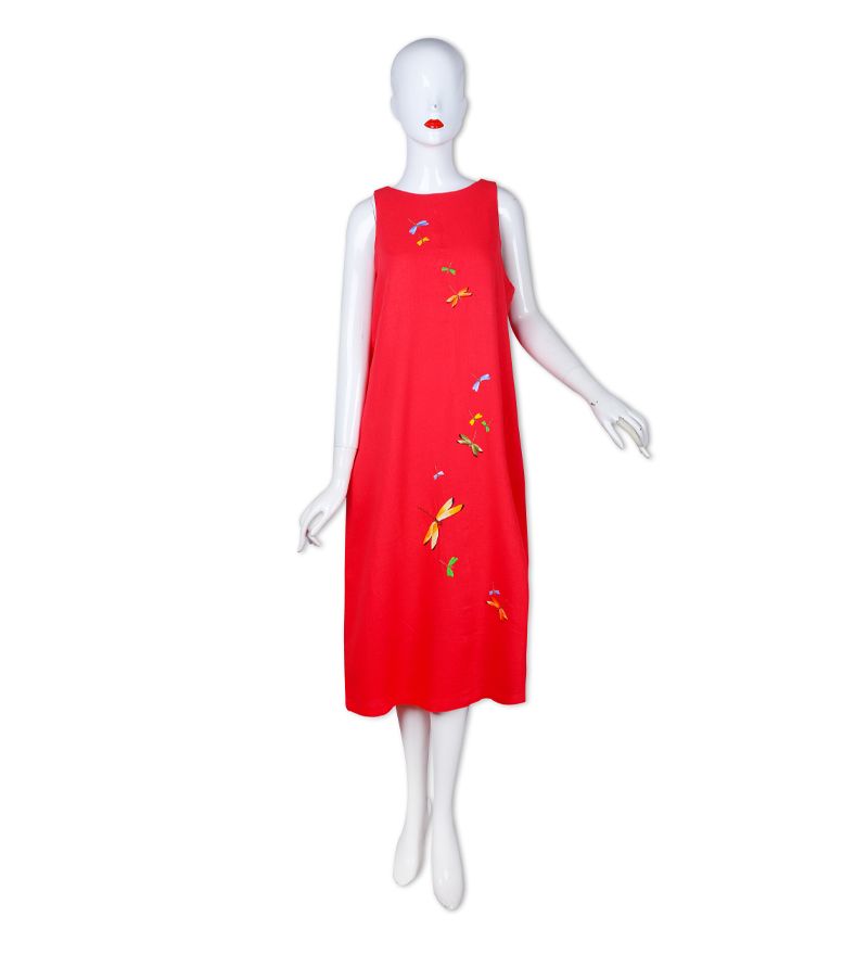 Đầm freesize N90-đỏ-M12-C.H-thêu chuồn chuồn, bươm bướm(040620)-mẫu cam đậm