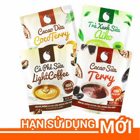  Combo 4 loại thức uống hòa tan Light Coffee - Cà phê sữa, Cacao sữa, Matcha sữa, Cacao sữa dừa (50g/gói) 