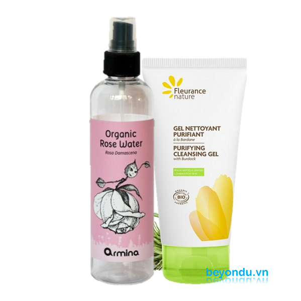 Combo nước hoa hồng hữu cơ Armina và gel rửa mặt hữu cơ Fleurance Nature