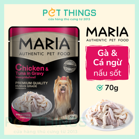 Thức ăn ướt / Pate chó Maria Dog 3D Chicken & Tuna in Gravy 70g