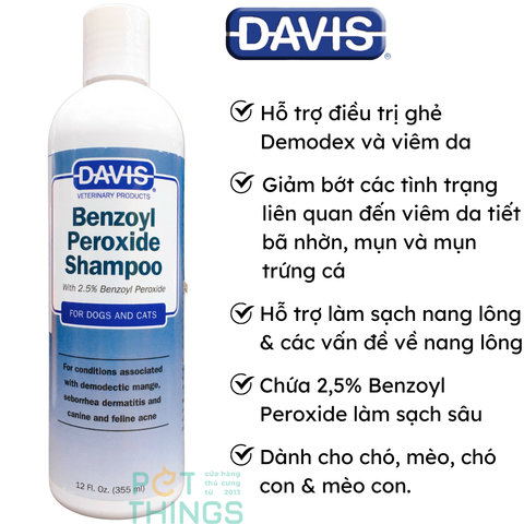 Sữa tắm trị viêm da ghẻ DAVIS Benzoyl Peroxide 355ml cho Chó Mèo