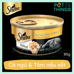 Pate lon cho mèo Sheba Deluxe Tuna & Prawn in gravy 85g