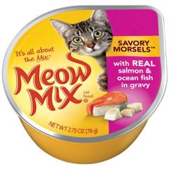 Thức ăn pate cho mèo Meow Mix Savory Morsels Cá hồi & Cá biển nấu sốt 78g