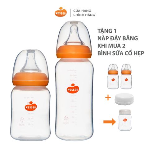  Combo 2 bình sữa PP Wesser 140ml và 250ml (BÌNH PP 250 KHÔNG KÈM VAN CHỐNG SẶC) - TẶNG NẮP ĐẬY BÌNH SỮA 