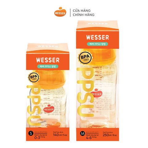  Combo 2 bình sữa Wesser PPSU ( 140ml + 250ml) ( BÌNH PPSU 250 KHÔNG KÈM VAN CHỐNG SẶC) - TẶNG NẮP ĐẬY BÌNH SỮA 