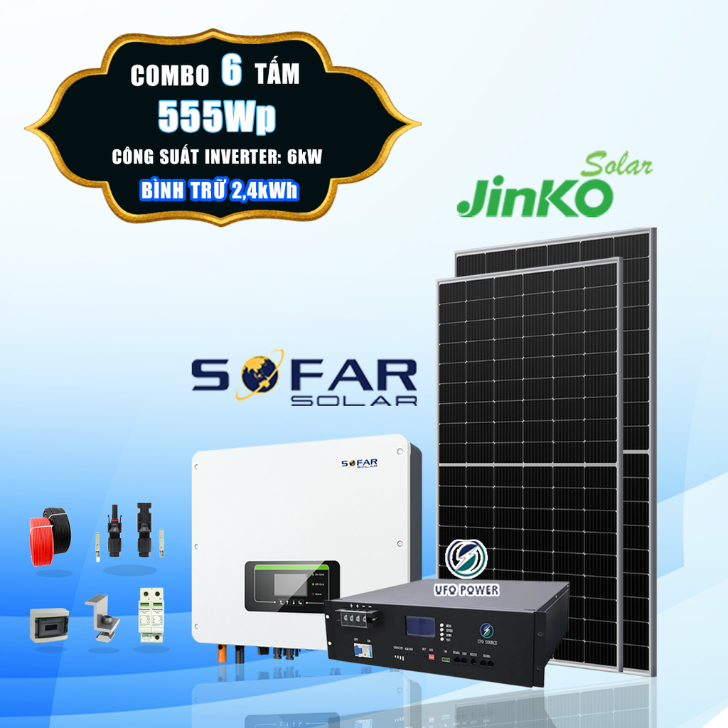  [1 - 2 triệu TIỀN ĐIỆN] 6 tấm pin Jinko 555Wp + Inverter Sofar 6kW + Bình trữ 2,4kWh 