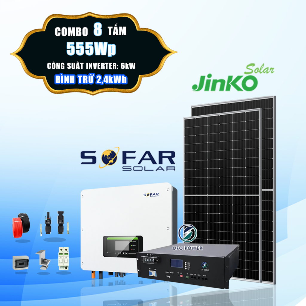  [2 - 3 triệu TIỀN ĐIỆN] 8 tấm pin Jinko 555Wp + Inverter Sofar 6kW + Bình trữ 2,4kWh 