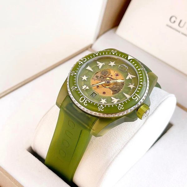 Gucci Dive Automatic Green Dial Green Rubber Strap Unisex Watch - YA136345
