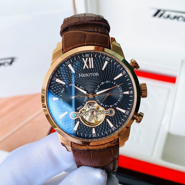 Heritor Automatic Arthur Semi Skeleton Leather Band Watch w Day Date HERHR7906 ng H Nam