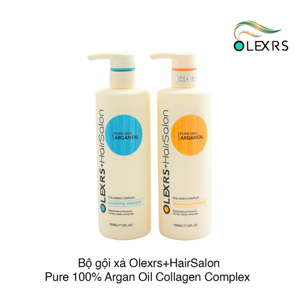 Bộ gội xả Olexrs+HairSalon Pure 100% Argan Oil Collagen Complex Nourishing Shampoo + Repairing Conditioner 960ml x 2 chai