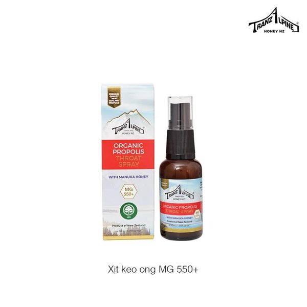 Xịt Họng Keo Ong Organic Propolis Throat Spray With Manuka Honey MG550+