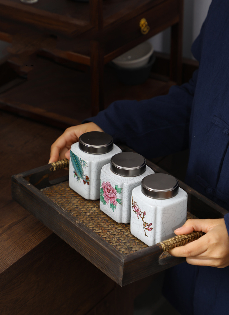 Hũ trà gốm nhỏ mini du lịch chuyên dụng trà hoa và Pu'er nút kín bảo quản hạng cao hộp hình vuông