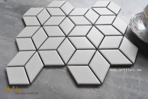  Gạch Mosaic Kim Cương Lập Phương Trắng mờ mịn 