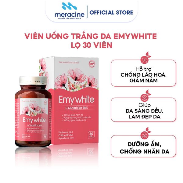  Viên uống EMYWHITE bổ sung Glutathion 98%, L-Cystin giúp hỗ trợ giảm nám, tàn nhang, chống lão hóa, làm trắng da (Lọ 30 viên) 