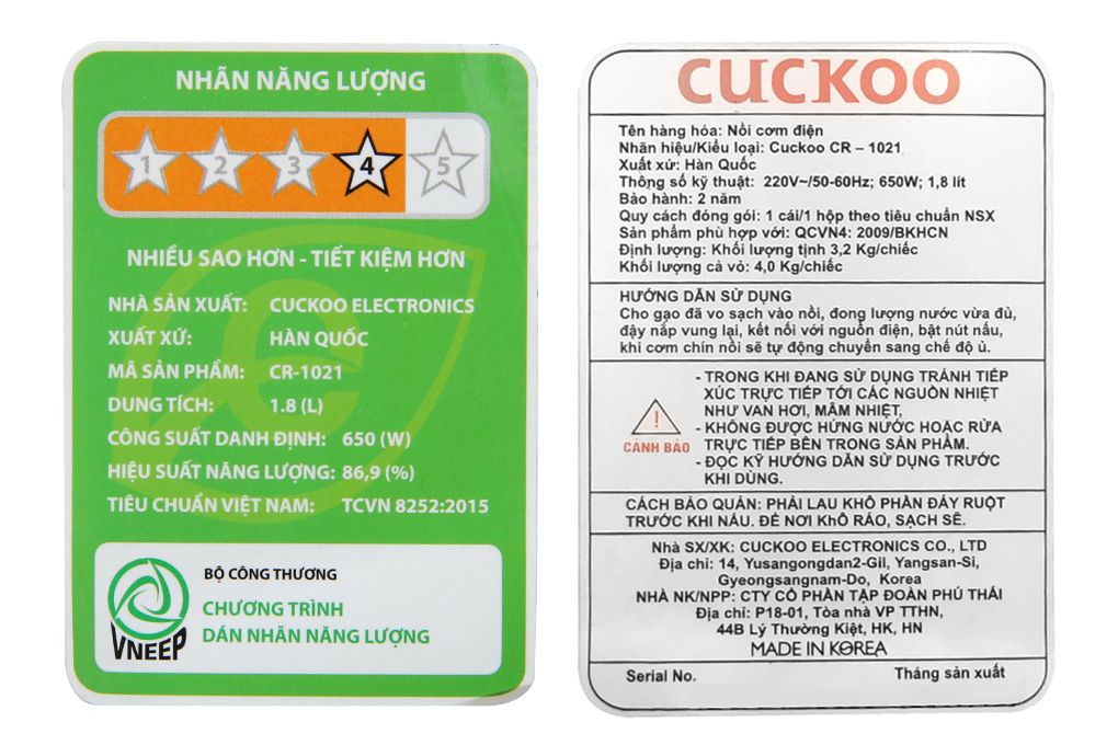 Nồi cơm điện Cuckoo 1.8 lít CR-1021