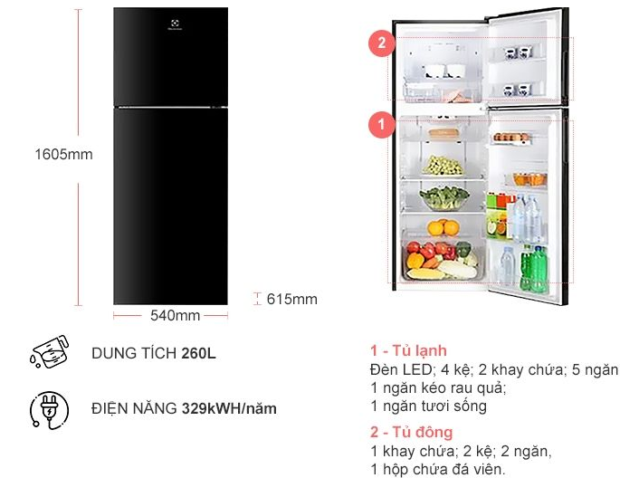 Tủ lạnh Electrolux 260L ETB2802H-H Inverter