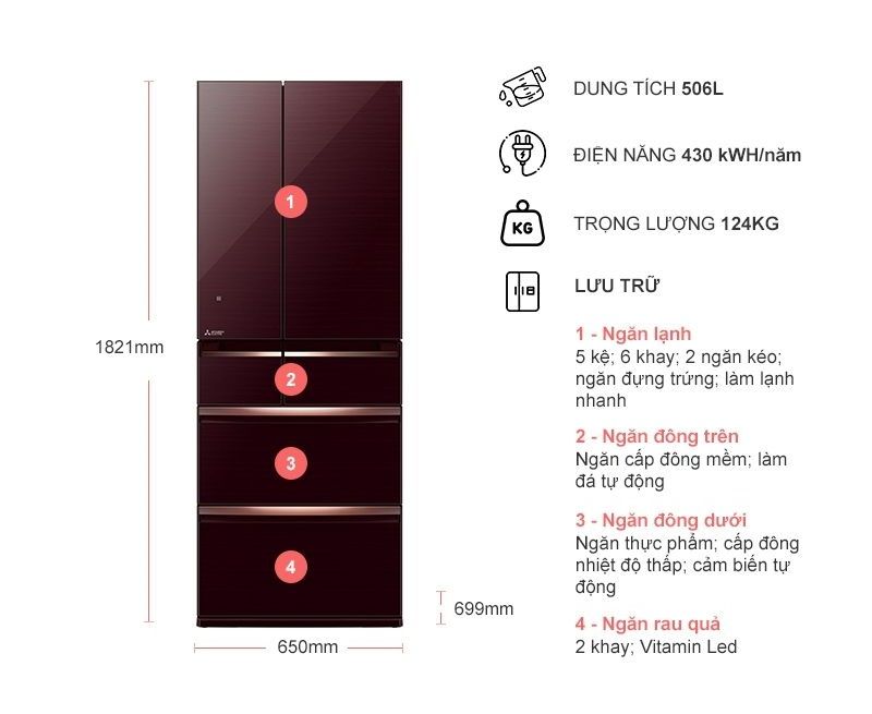 Tủ lạnh Mitsubishi Electric 506L MR-WX52D-BR/F