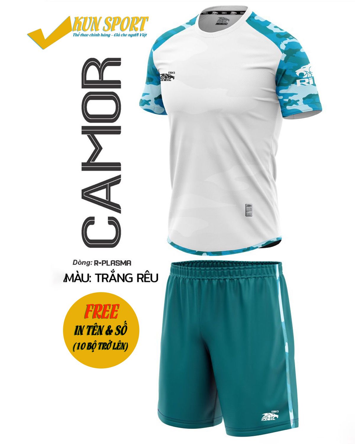 Bộ áo đá bóng RIKI CAMOR - Trắng xanh rêu