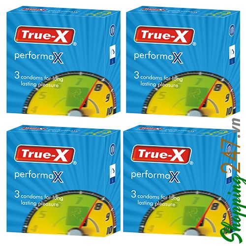 Bộ 4 hộp bao cao su Kéo dài thời gian True-X PerformaX Extra-Time 3's (Xanh)
