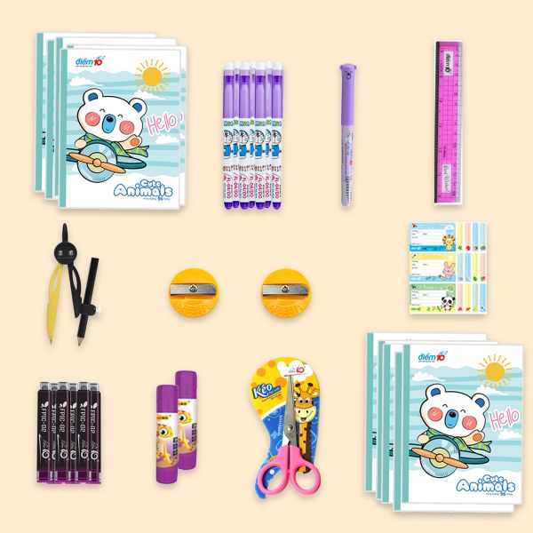 [Combo Cấp 1] Bộ Combo chăm chỉ đến trường - 10 Món + Tặng cặp tiện lợi