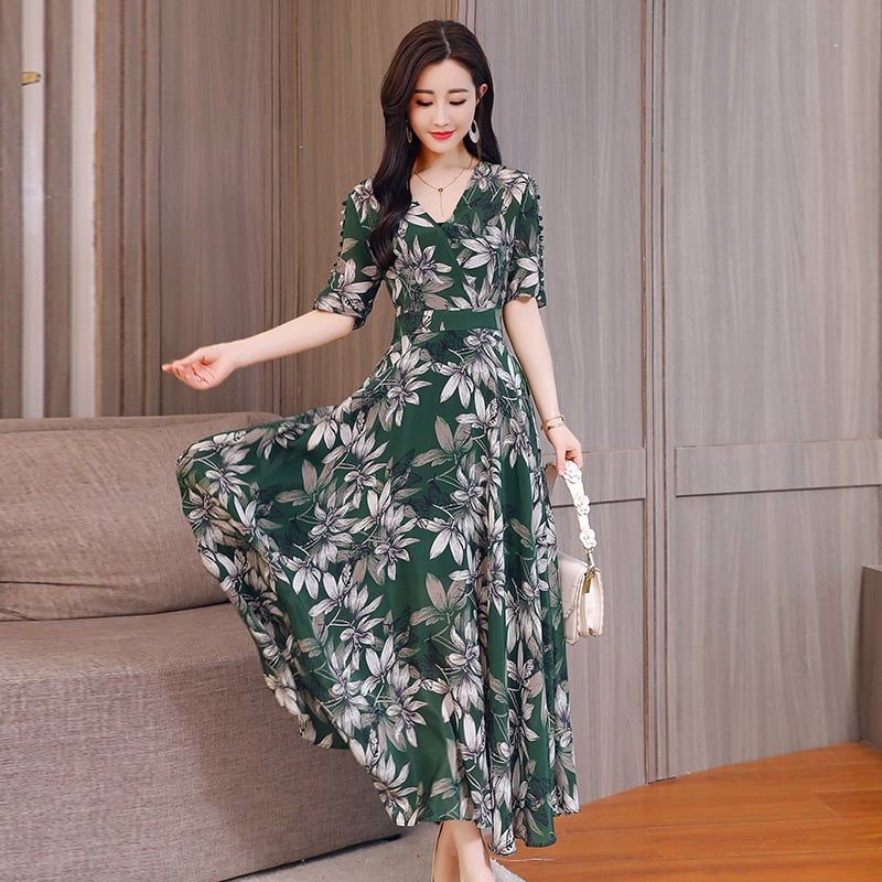 Đầm Maxi Chiết Eo In Hoa 5241